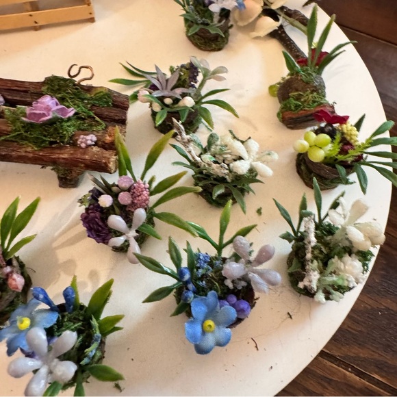 Vintage handmade dollhouse miniature wood potted plants bench branches flowers - Picture 12 of 13